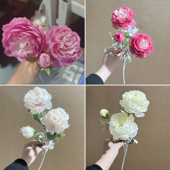Artificial Peony with Stem 3 Head Realistic Fake Flower Wedding Home Office