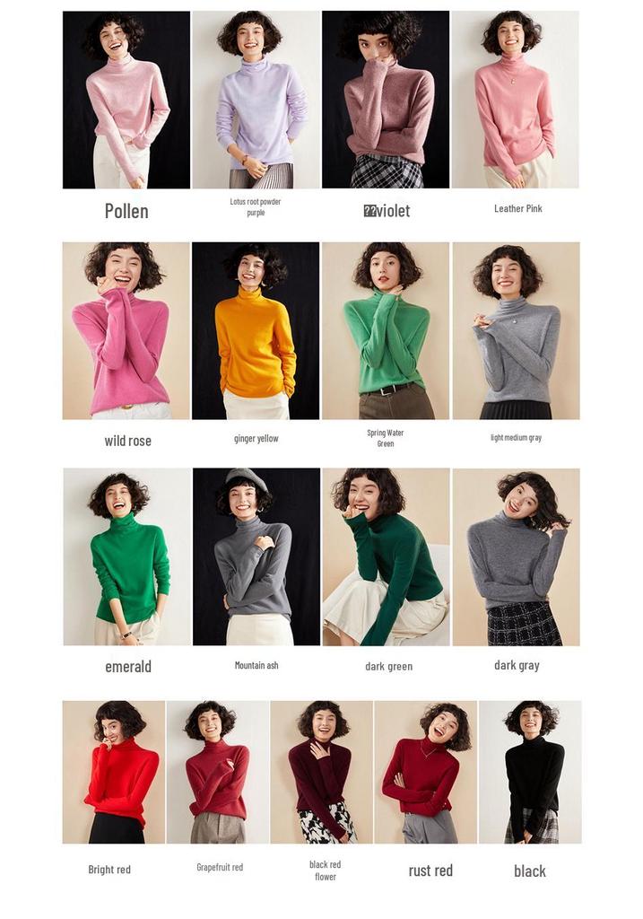 Women's Solid Color Cashmere High Neck Sweater - Loose Knit, Seamless Wool Base Layer
