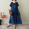 2025 Summer Women Vintage Linen Plus Size Long Dress Short Sleeve Casual O-Neck Basic Loose Dress