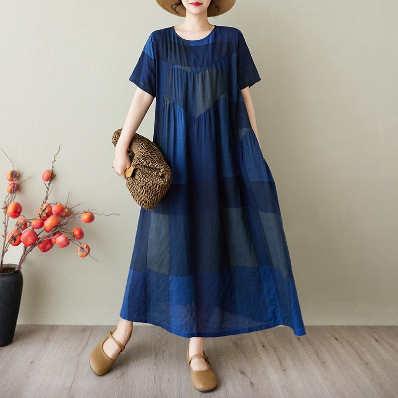 DIMANAF 2025 Summer Women Vintage Linen Plus Size Long Dress Short Sleeve Casual O-Neck Basic Loose Dress