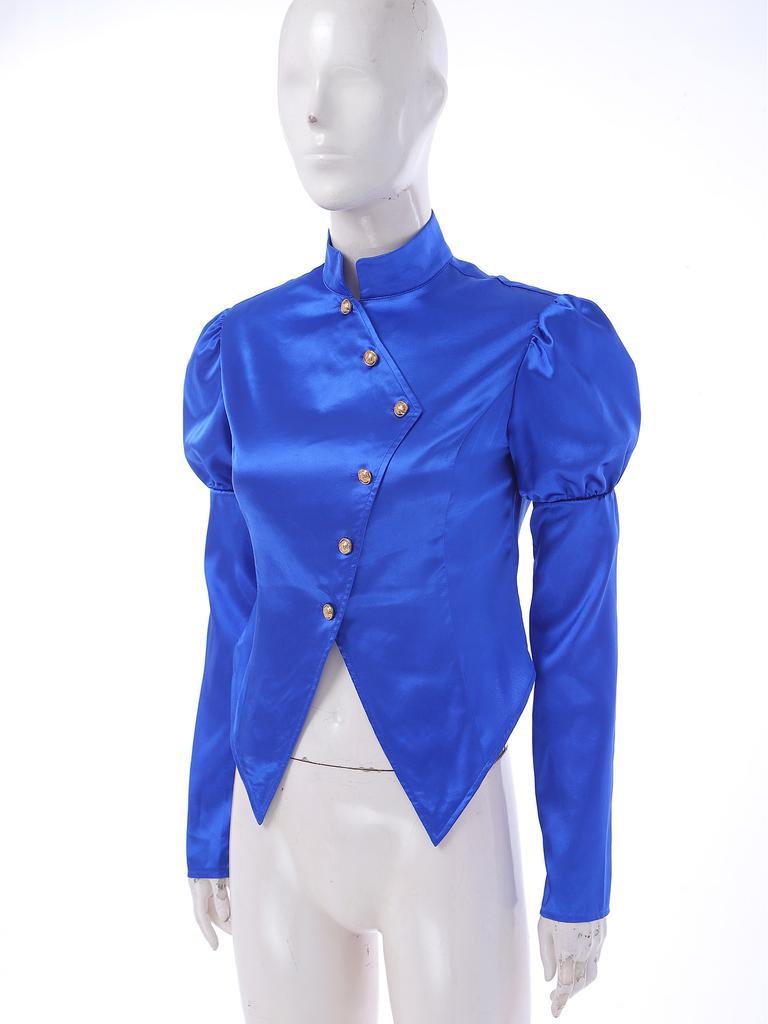 Women Victorian Blazer Stand Collar Long Puff Sleeves Button Satin Jacket Asymmetrical Blouse for Office Business Casual Theme Party