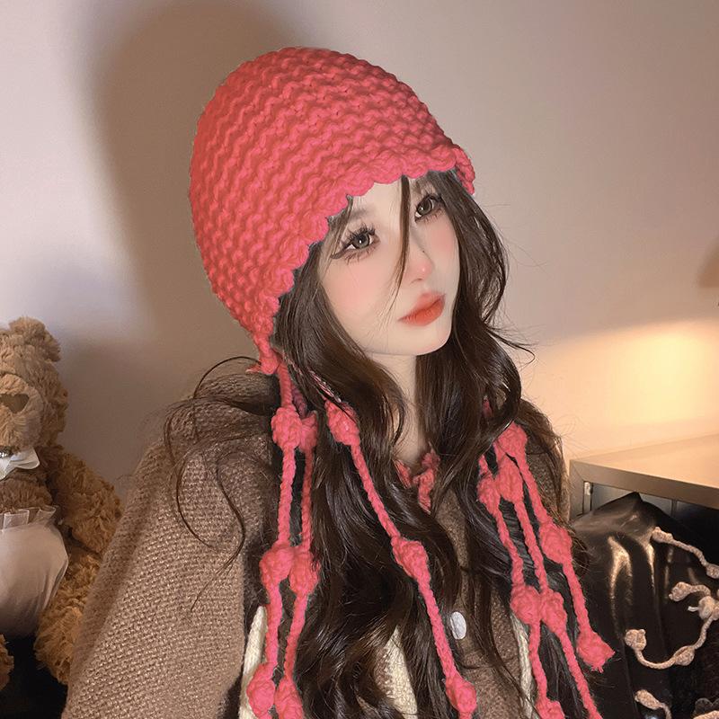 New Autumn and Winter Wool Hat Braid Tassel Pullover Hat for Women Outdoor Travel Warm Ear Protection Cute Knitted Hat