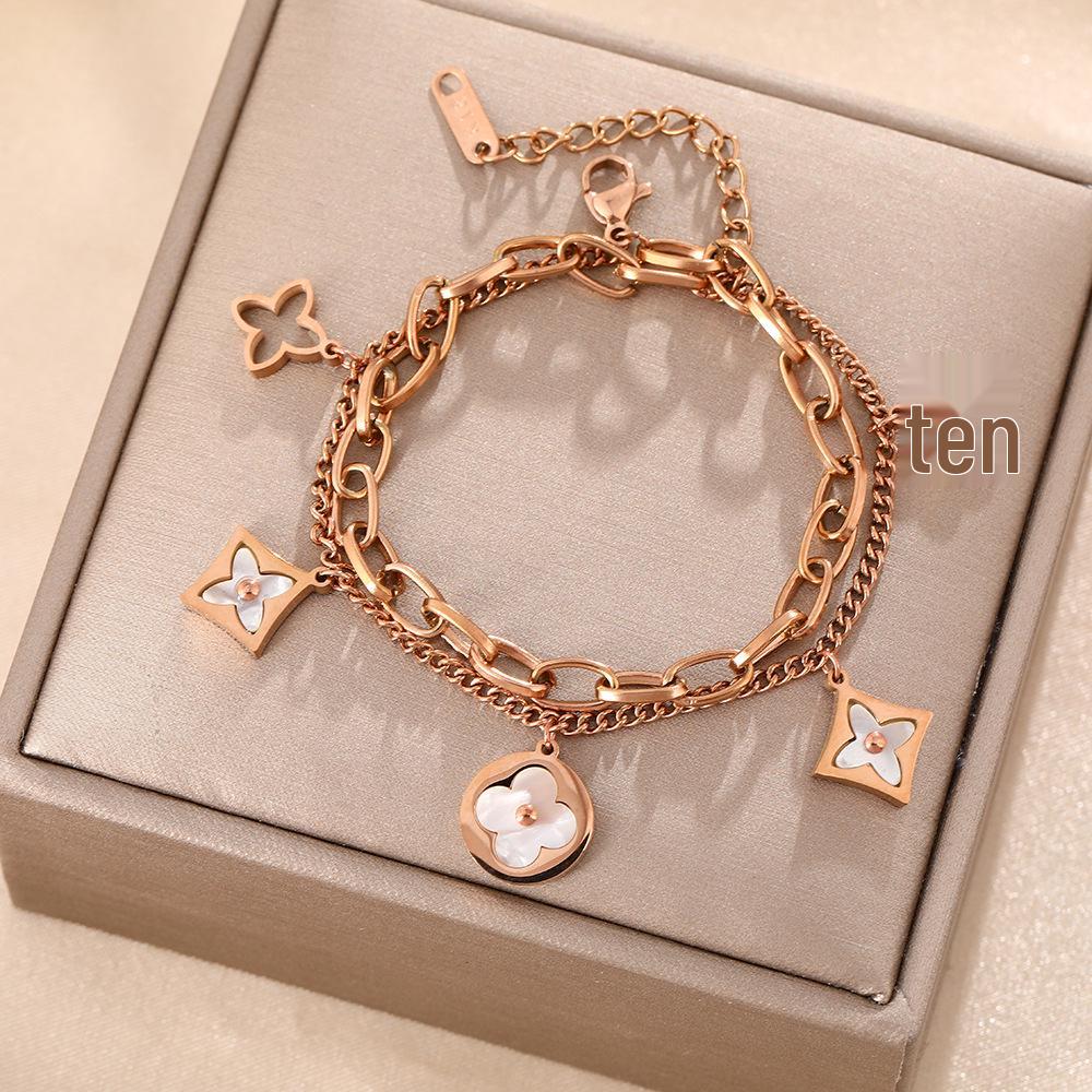 Luxe Titanium Staal Vierbladig Klaver Armband in Koreaanse Stijl met Ingelegde Diamanten voor Vrouwen - Kleurvast