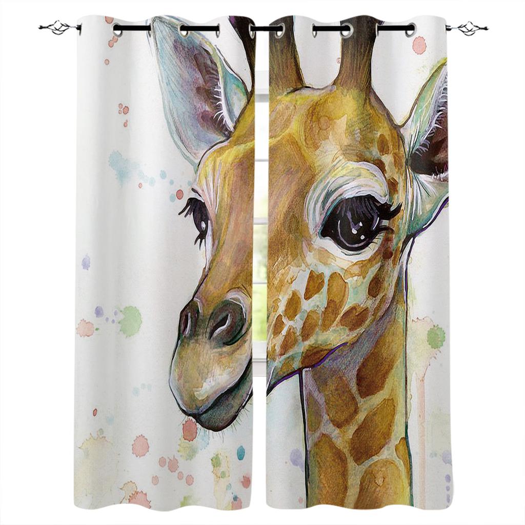 Fun Giraffe Animal White Blackout Curtains For Living Room Bedroom Window Treatment Blinds Drapes Kitchen Curtains