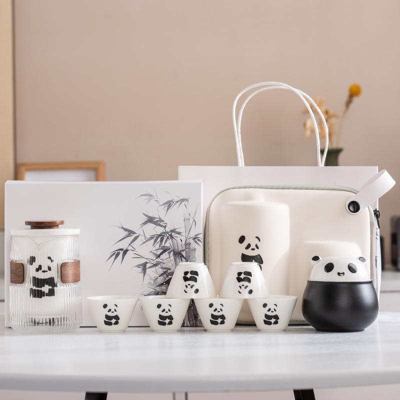Panda Merchandise Travel Tea Set a Pot of Three Four Six Cups Suet Jade Porcelain High-end Corporate Business Gift Set