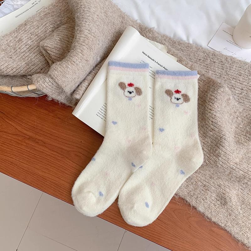 Female Autumn and Winter Plus Velvet and Thick Warm Cartoon Cute Dog In Tube Socks