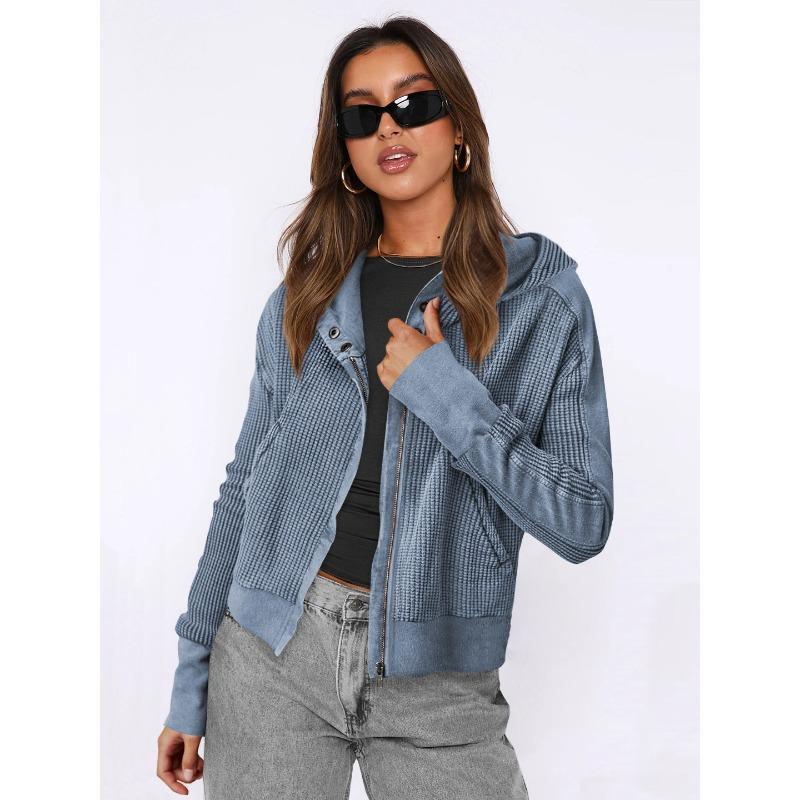 

women s Waffle Knit Zip Up Cropped Hoodie Loose Casual Long Sleeve Jacket Sweatshirt XL