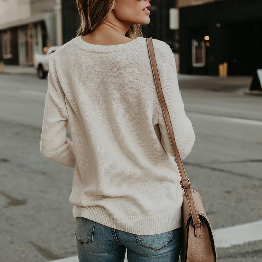 Gestrickter Damen-Pullover mit tiefem V-Ausschnitt, langen Ärmeln, Wickelfront, lockerer Pullover