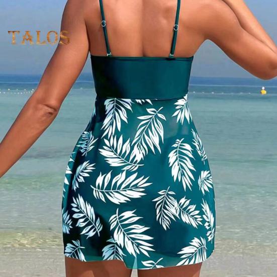 2Pcs/Set Women Summer Swimsuit Set Adjustable Straps Print Mesh Hem Bandeau Tops High Waist Swim Shorts Set