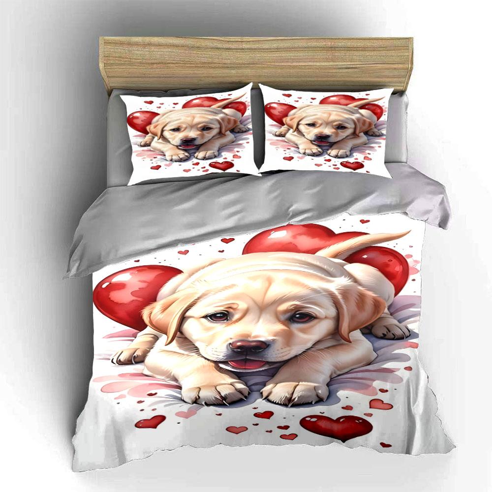 Cute Puppy with Red Hearts Bedding Duvet Cover Set Duvet Cover Pillowcases (1 * Duvet Cover 2 * Pillowcases, Without Duvet Insert)