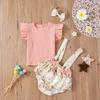 Toddler Baby Girls Solid Tops+Sunflower Floral Printed Suspender Shorts Outfits