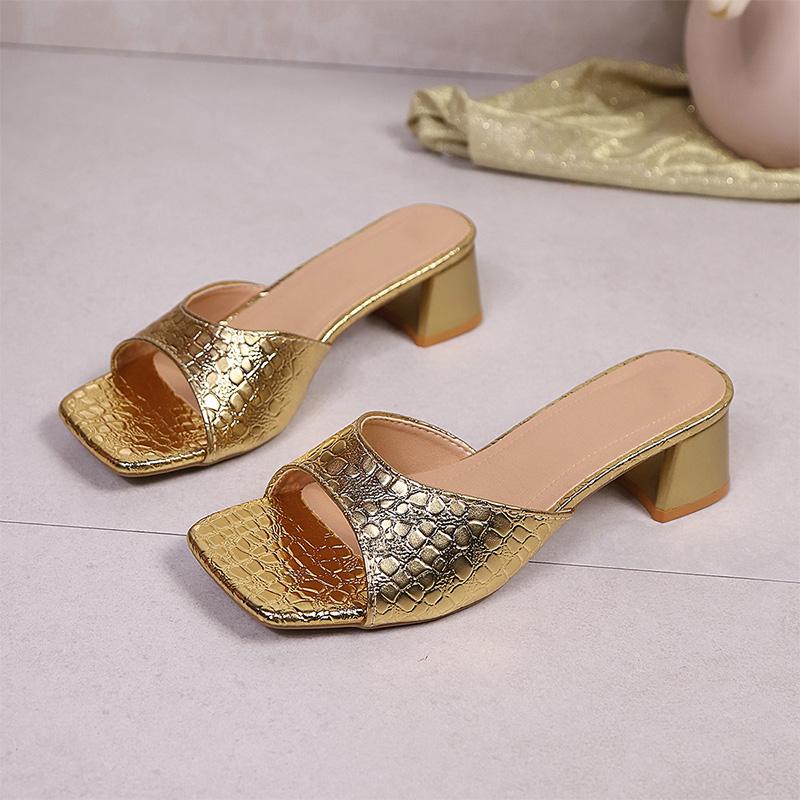 Fashion Plus Size Luxury High Heels Sandals Women Gold Pu Leather Square Toe Party Slippers Summer Comfort Non Slip Square Heels Sandals