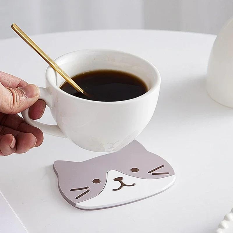 New Cute Cat Cup Coasters, Reusable Silicone Drink Coasters Non Slip, Washable Heat Resistant Glass Cup Rubber Pad Mat Novelty