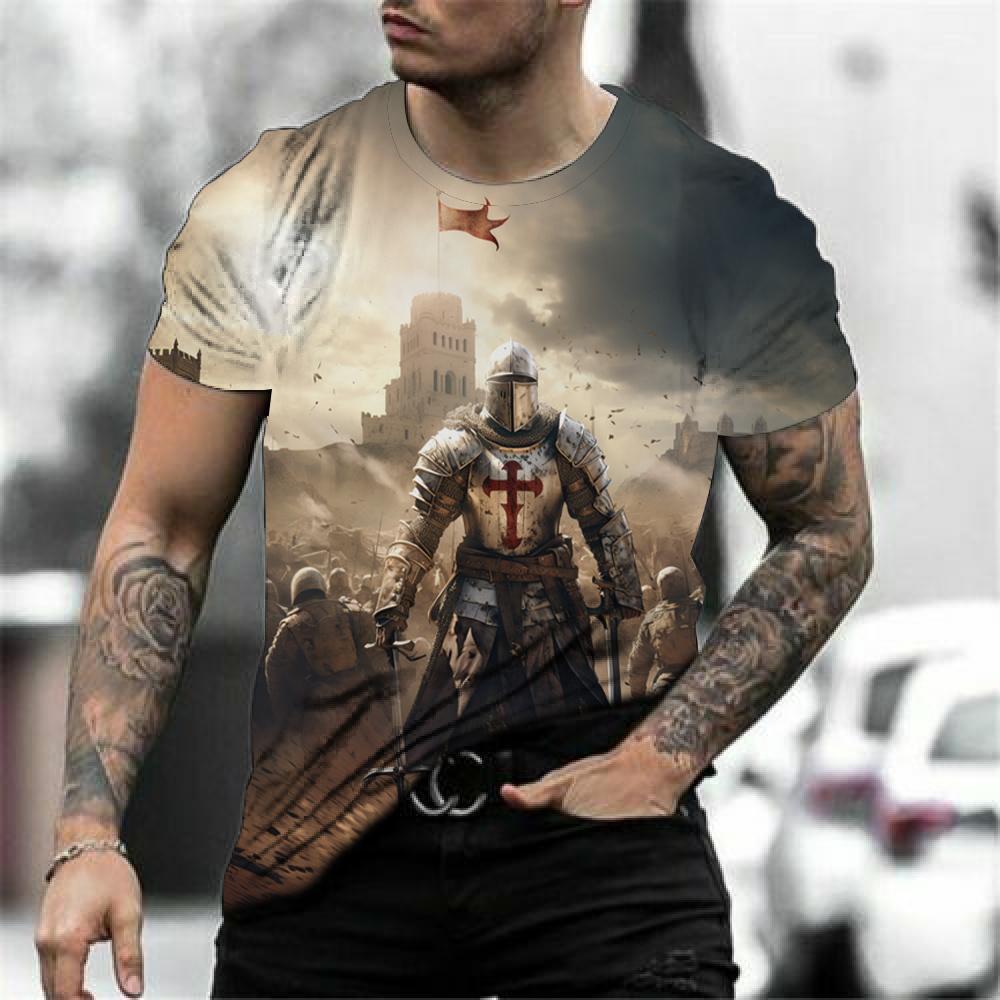 Retro Knights Templar Cross Print Unisex's T-shirts Summer Casual Loose Round- Neck Tee Shirt Sports Tees Oversized T Shirt For Unisex