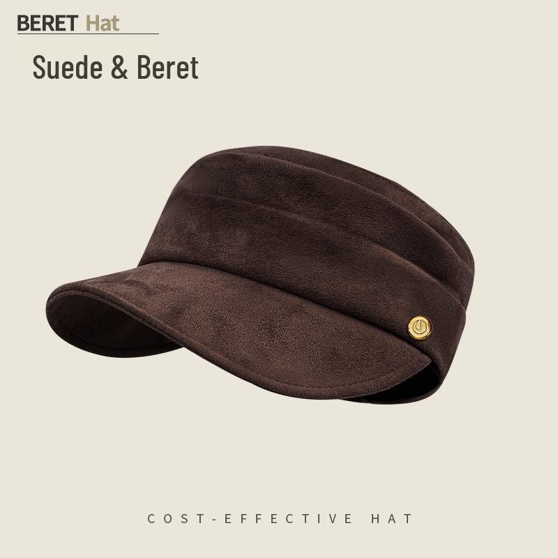 Women's Ruched Suede Flat Top Equestrian Hat - Warm Autumn/Winter Newsboy Cap with Face-Slimming Duckbill Design