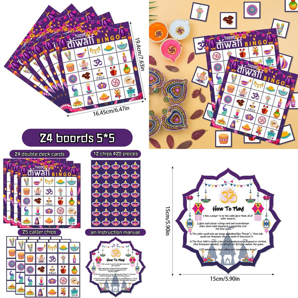 Diwali Festival Bingo Card Game Set With Stickers Call Cards For Family Celebration