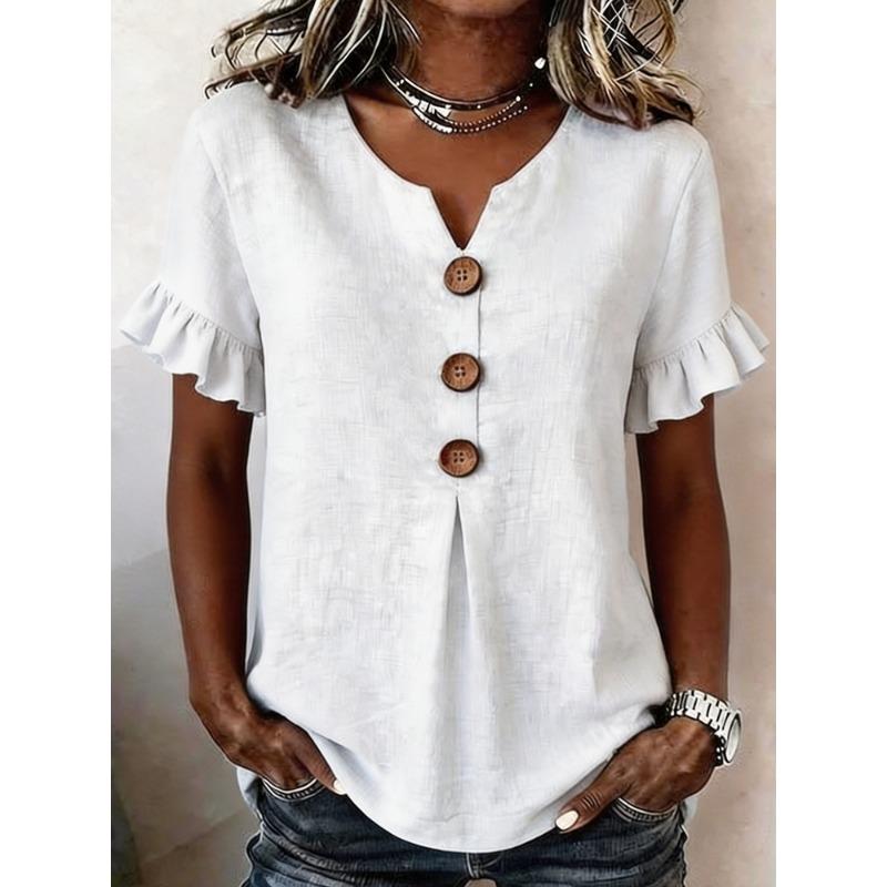

Womens Solid Color Notch V Neck Ruffle Short Sleeve Button Down Casual Blouse S