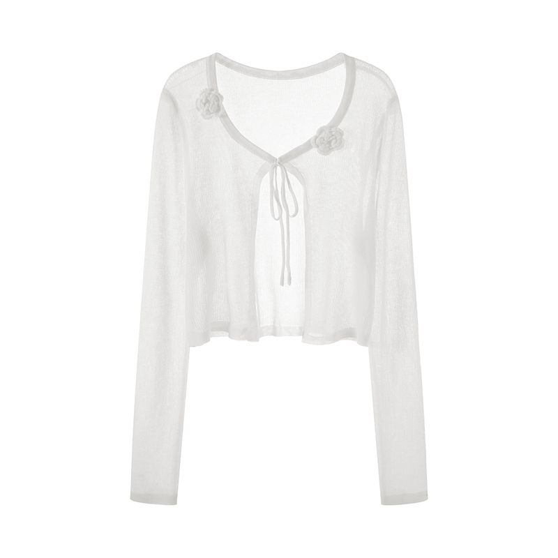 

Трикотажный кардиган из ледяного шелка для защиты от солнца Женский Тонкий Летний Короткий Сарафан на бретелях Уличная Накидка Шаль Жилет На шнуровке Маленькое Пальто White M