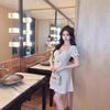 Sweet temperament, fashionable and sexy bubble sleeves, low-cut hollow flower decorative pendulum dress, women's short style