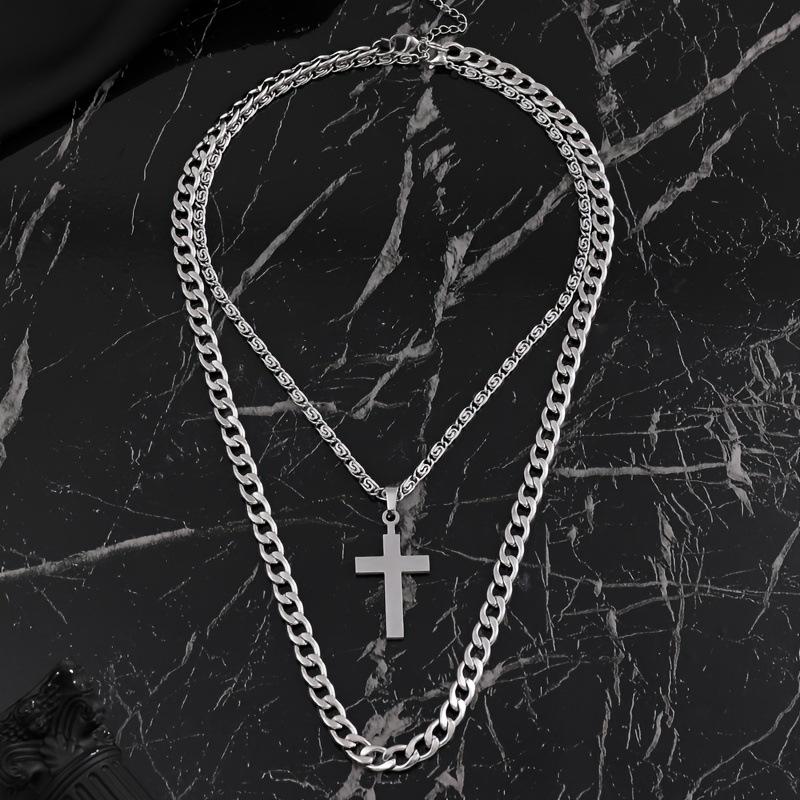 Stainless Steel Necklace Personalized Cross Necklace Cuban Chain High-end Titanium Steel Jewelry Two-piece Set