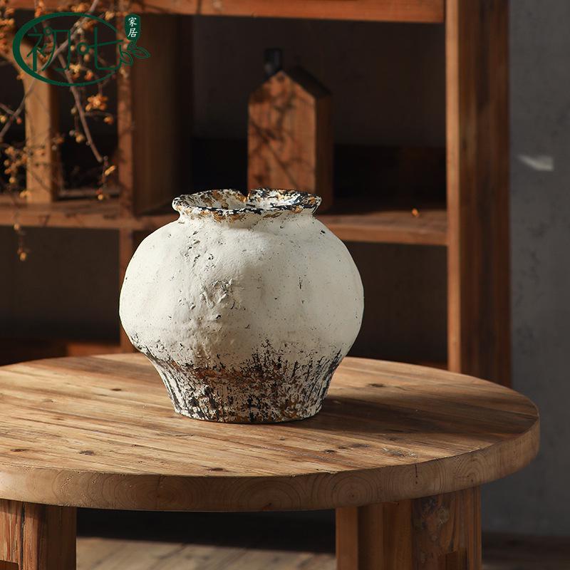 Rustic White Distressed Zen Pottery Jar for Dried Flowers - Chinese Style Vase Ornament for Home or Hotel Decor