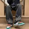 Jeans casual da uomo con motivo a fiamma, grandi tasche, pantaloni lunghi, dritti, gamba larga, design High Street, pantaloni in denim usurati
