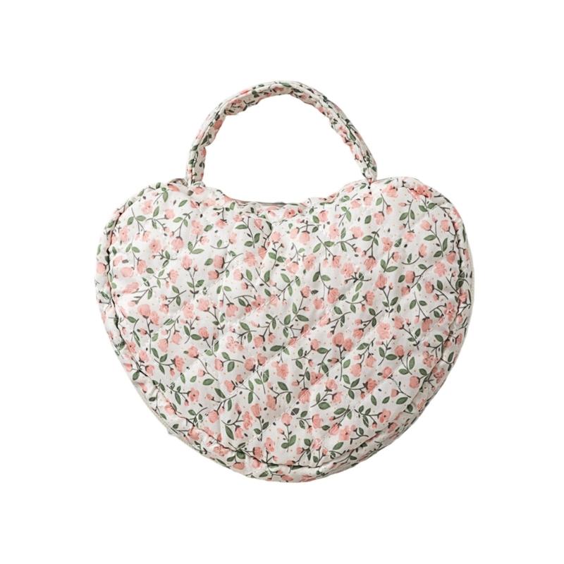 Fashionable Florals Print Heart Cosmetic Case Quilted Construction Spacious Toiletry Bag for Women Girls Travel