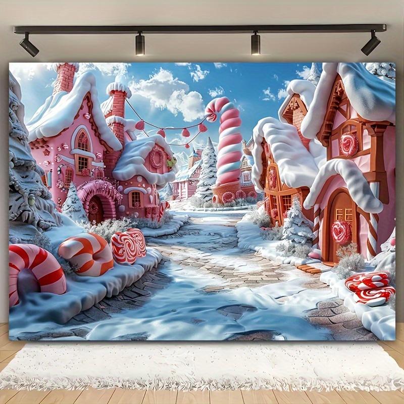 1pc Magical Winter Wonderland Christmas Background - Pink Fairy Tale Candy Stick and Colorful Snow Scene