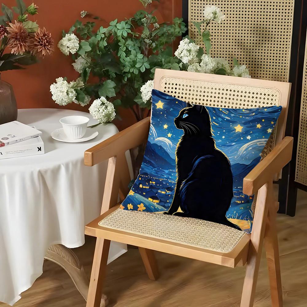 Art Sky Night Cat Cushion Cover Silky Short Plush Invisible Zipper Dustproof Sofa Pillow Case for Home Decor