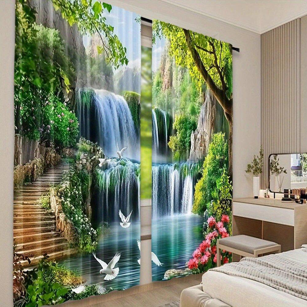 2 pieces of forest Waterfall landscape printed curtains,30*65 inches, home decoration, room decoration