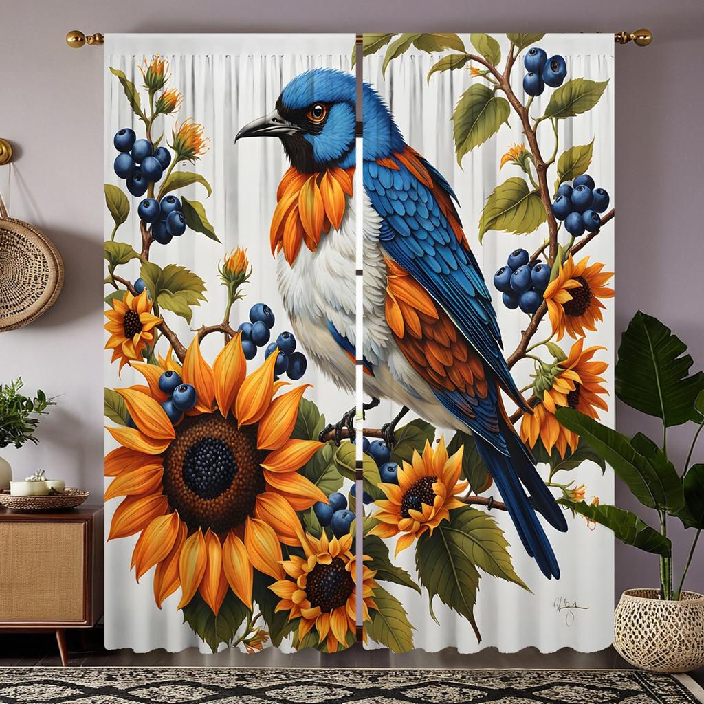 2pcs Set HD Harvest Festival Blueberry Tree Sunflower Bird Decorative Curtain Yellow Tie Digital Printed Curtain Home Decorat