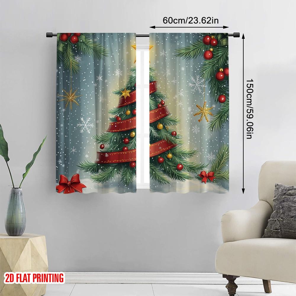 2pcs,2D Plane Printing Pattern Curtains Christmas Tree Snow Ornaments_a (2) 100% Polyester (without Rod) All Seasons Perfect for
