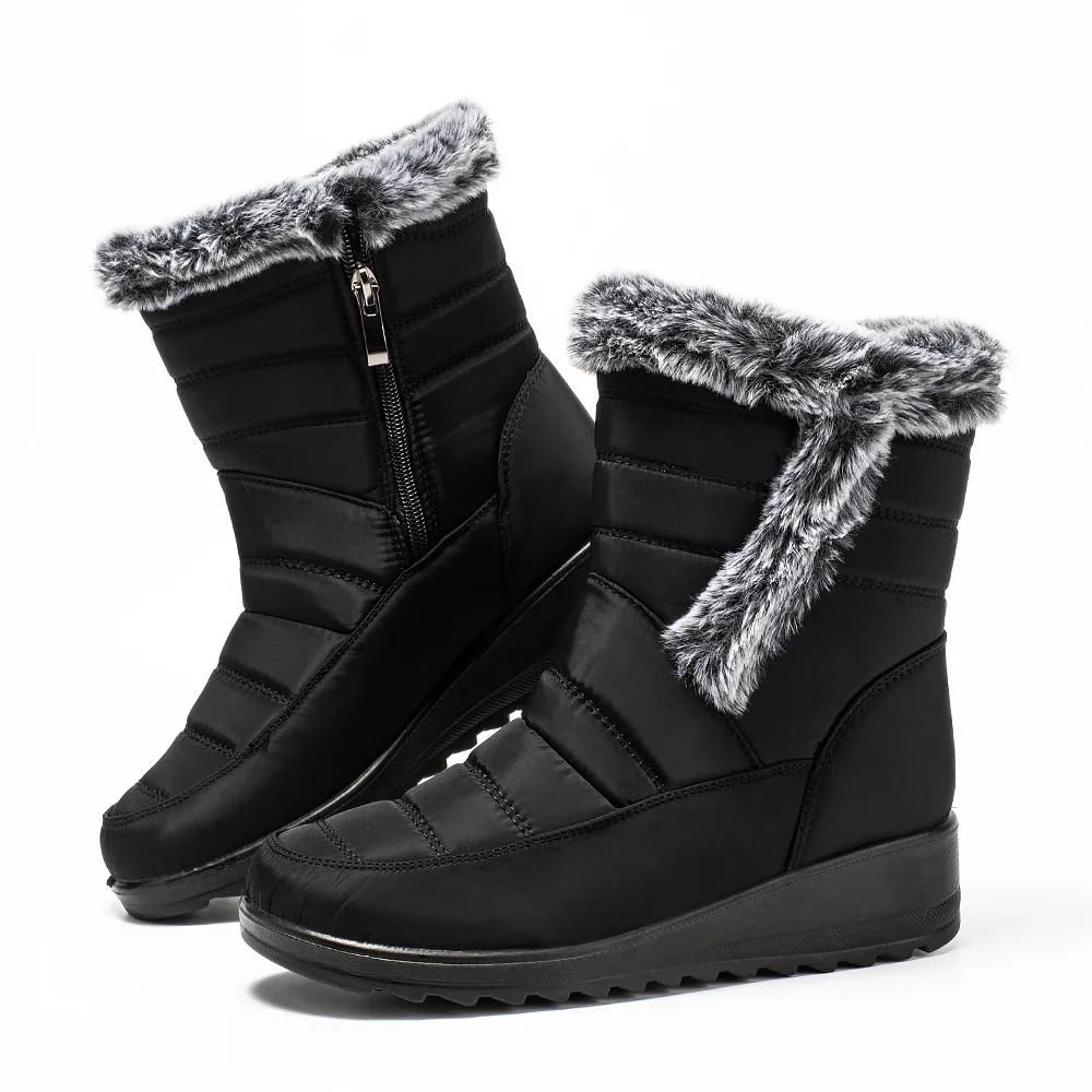 Thick Plush Waterproof Winter Boots for Women Non Slip Faux Fur Mid Calf Snow Boots Woman Outdoor Thick Sole Cotton Padded Shoes