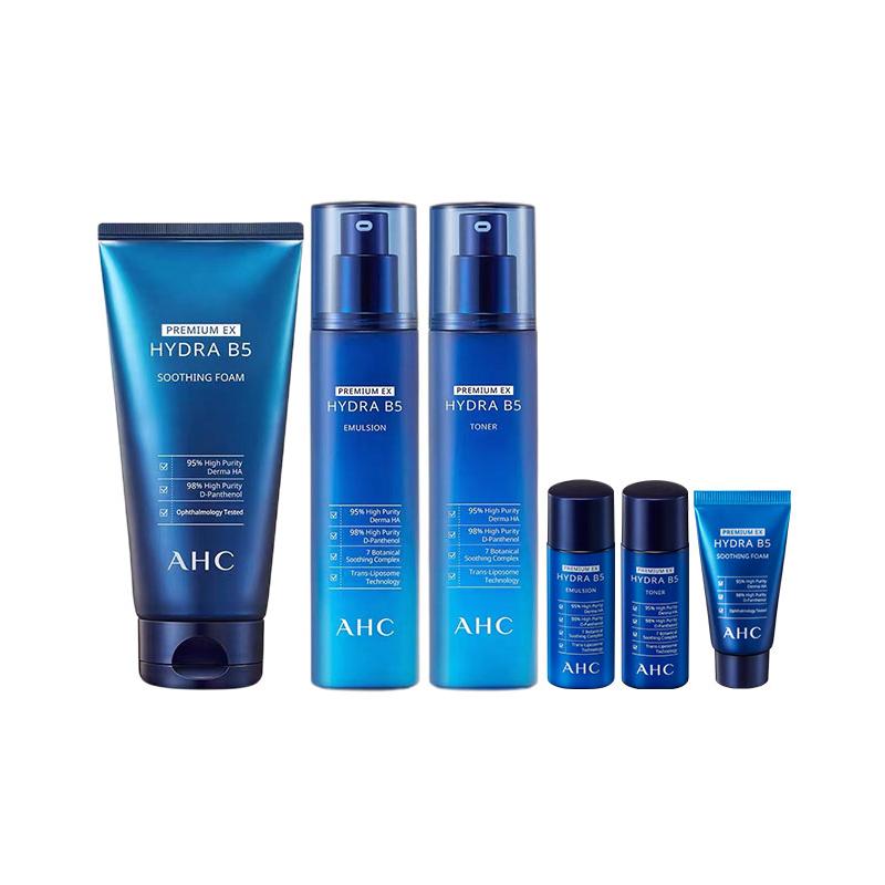 AHC Premium EX Hydra B5 Full Skincare Set, Cleansing Foam + Toner + Emulsion with Mini Travel Kits, Hydrating Soothing Repair Facial Kit