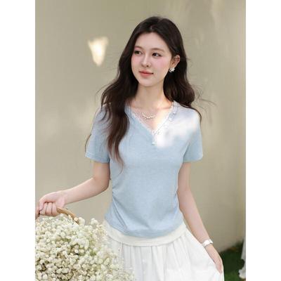 Women's Faux Two-Piece Light Blue Short Sleeve T-Shirt