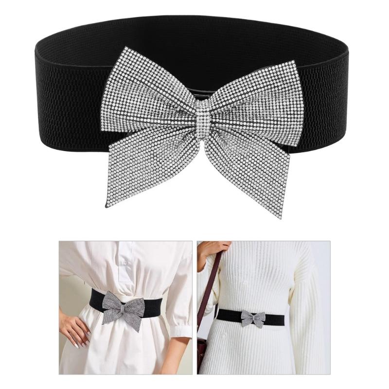 Rhinestones Bowknot Corset Belt Fashionable Girdle Belt Elastic Waist Cincher for Evening Party Dressingup Waist Decors