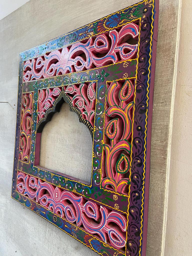 Hand-Carved Floral Wood Wall Frame: Rustic Indian Art Decor