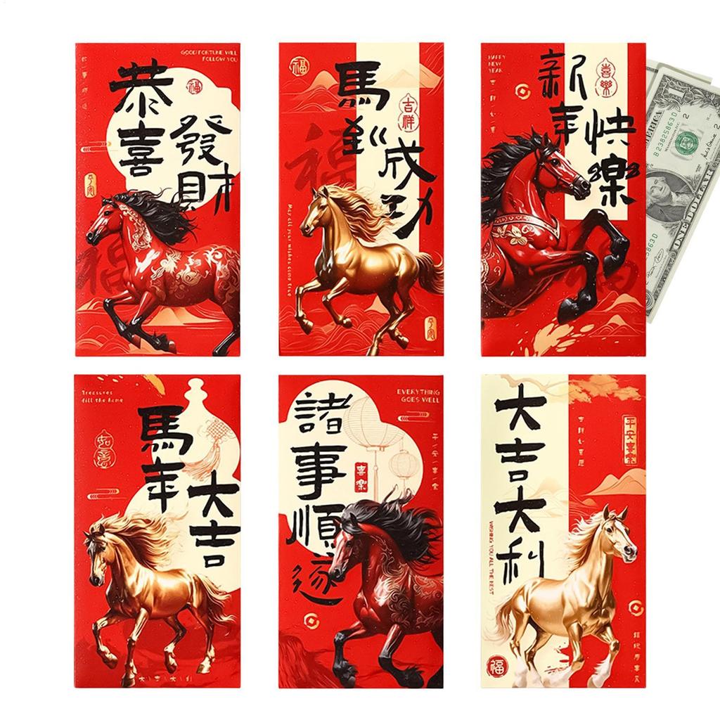Chinese New Year Red Envelopes 6 Pieces Holiday Favor Year Of The Horse Red Packets 2026 For Birthday Party Wedding Celebration
