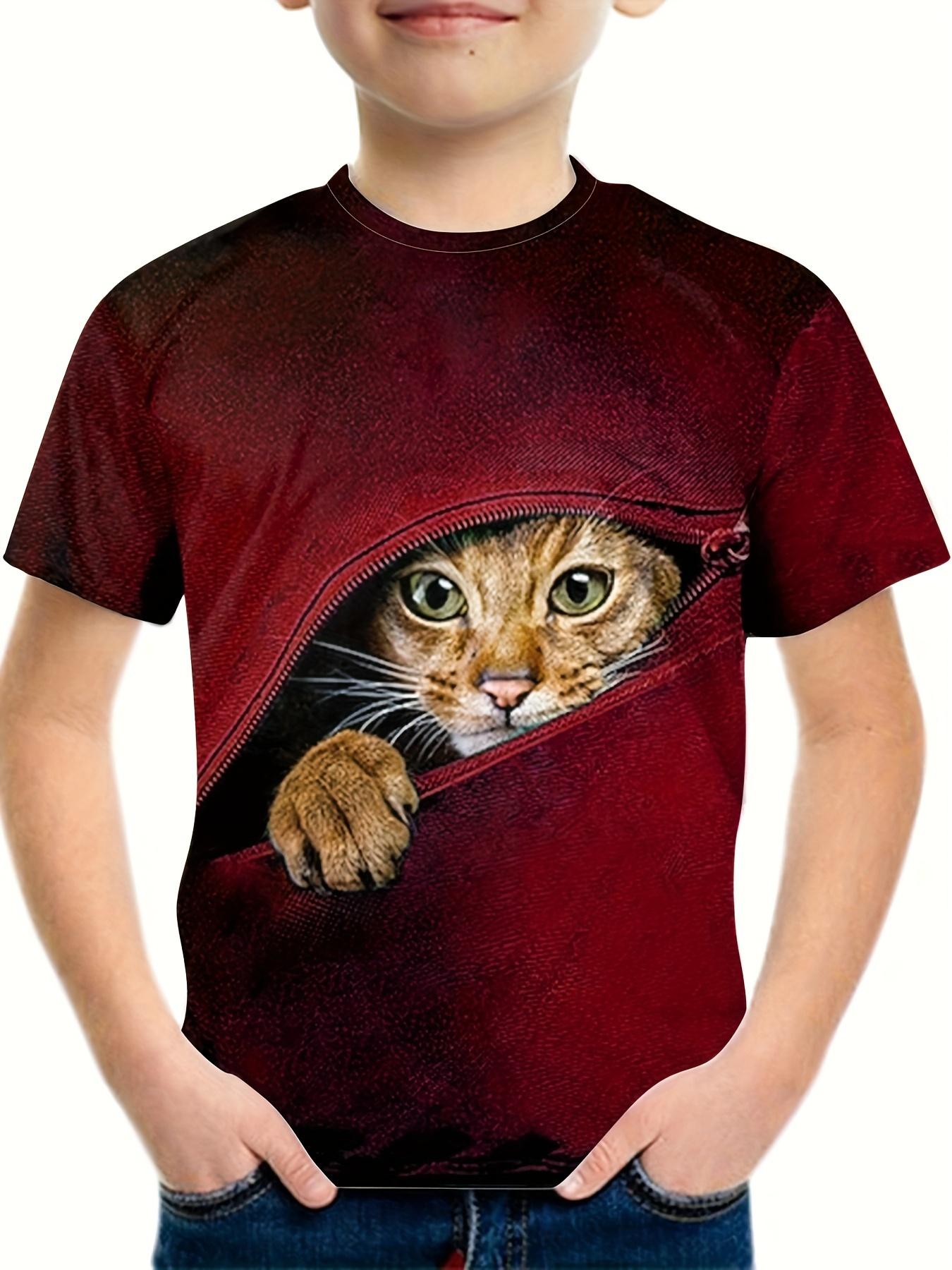 

Футболка для мальчиков с принтом кота на молнии, модные футболки с коротким рукавом для мальчиков и девочек, летняя детская одежда с принтом животных в формате 3D 5-6Y