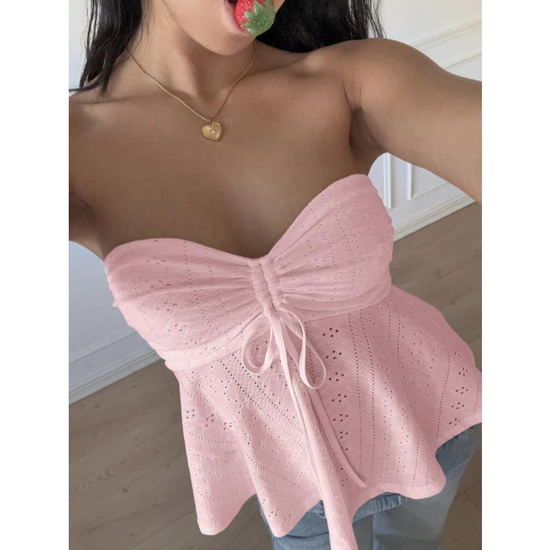 2026 Summer Hollow Out Women Tube Top New Sweet Lace-up Strapless Blouse Slim Fit Loose Sleeveless Top Solid Color Simple A-line Backless Sexy Shirts