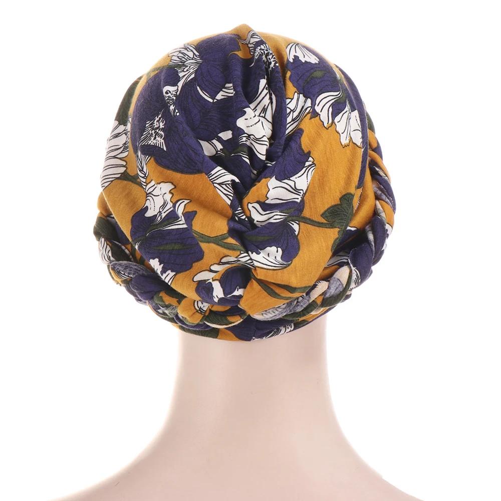 Women Muslim Flower Print Braid Bonnet Hat Hair Loss Head Wrap Hijab Cancer Cap Turban Headscarf Arab Cover Banadana Islamic New