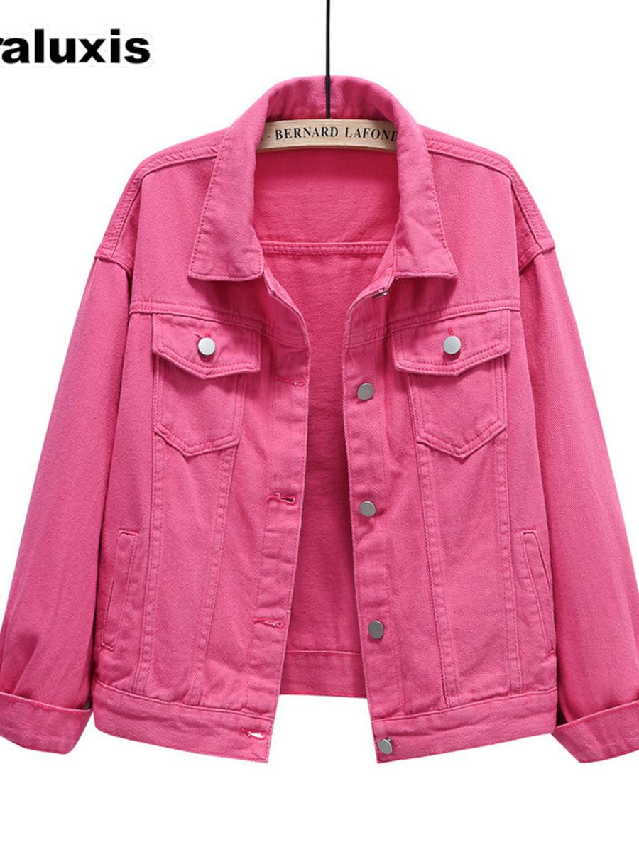 Frühling/Herbst Neue Bunte Große Größen Jeansjacke Damen Weiß Koreanischer Stil BF Langarmmantel Oberteil Lila 4XL dunkel rosa
