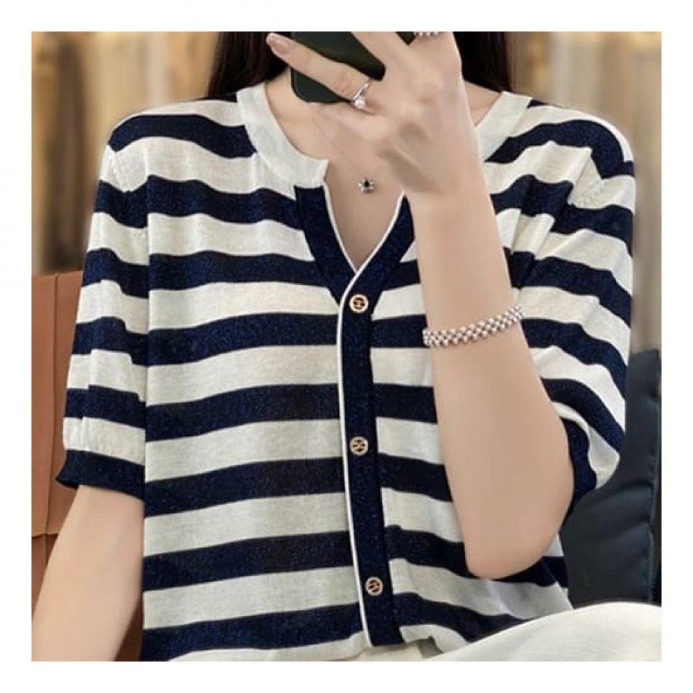 Navava Women Casual Simple Striped Short Sleeve Knit Nk2046