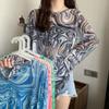 Tie-Dye Water Wave Pattern Mesh Sun Protection Cover-up Summer Trendy Korean Style Loose Long-sleeve Internet Celebrity T-shirt Sheer Top