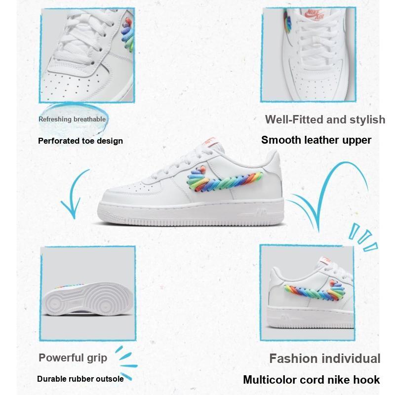 Nike Air Force 1 Low GS Rainbow Lace Swoosh Kids Sneakers White Multi-Color Terra-Blush FQ4948-100