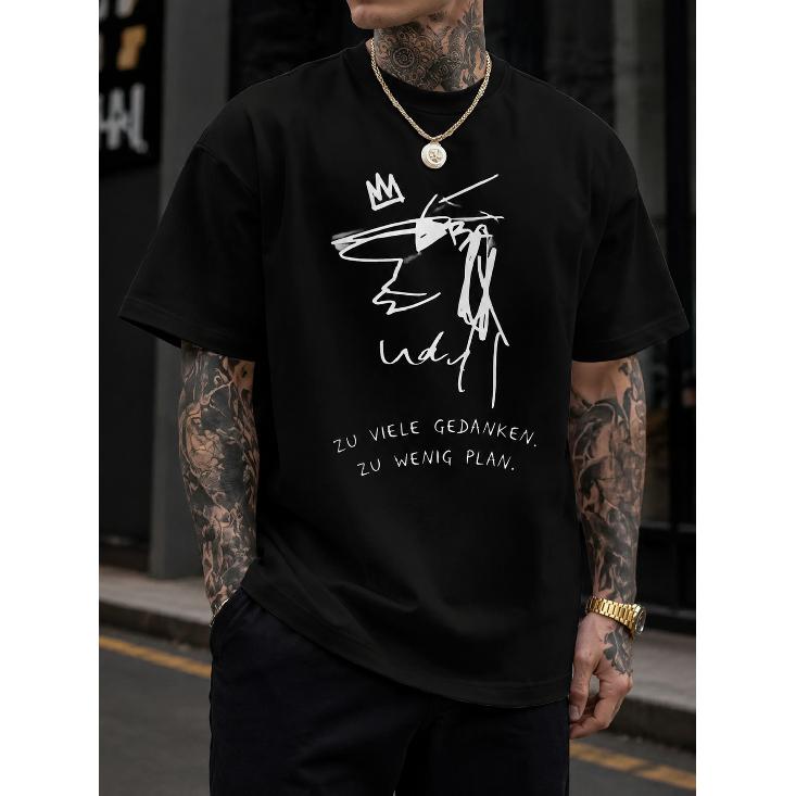 Men s Black Graphic Tee With Abstract Face And German Text Print, Short Sleeve Crewneck Casual Streetwear Shirt For Daily Wear S