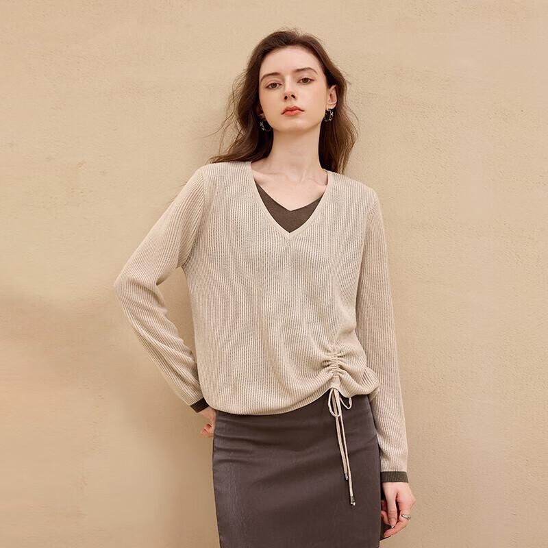 Dámský kontrastní pletený top s V-výstřihem a falešným dvoudílným vzhledem