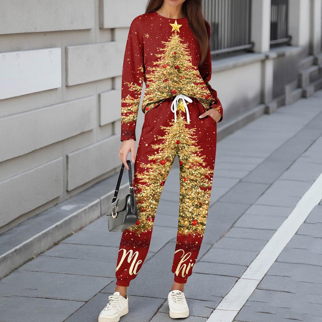 Dámské soupravy 2dílné tričko s kulatým výstřihem a dlouhým rukávem, potištěné tepláky s kapsami