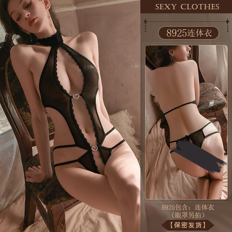 Erotic Underwear Sexy Pure Desire Lace Seductive One-piece Dress Women Hot See-through Uniform No-Take Pajamas 8925