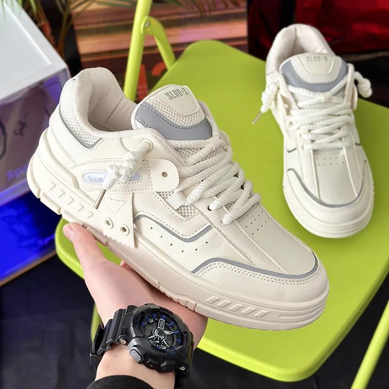 Men Breathable Comfort Board Shoes Thick Sole Non-slip Sneakers Trendy Hundred Leather Casual Shoes Men Zapatillas Tenis Hombres